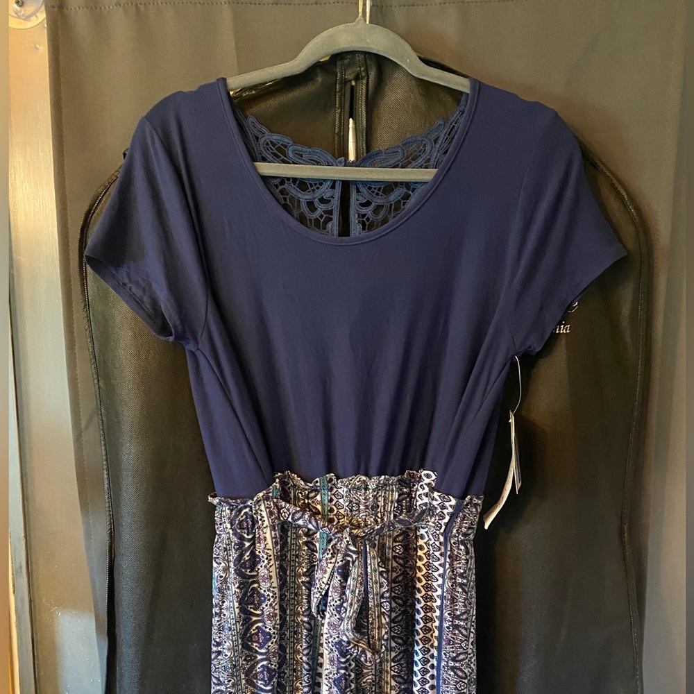 Just Be Women’s One Piece Paper Bag Waist Navy Jumpsuit, Size Large